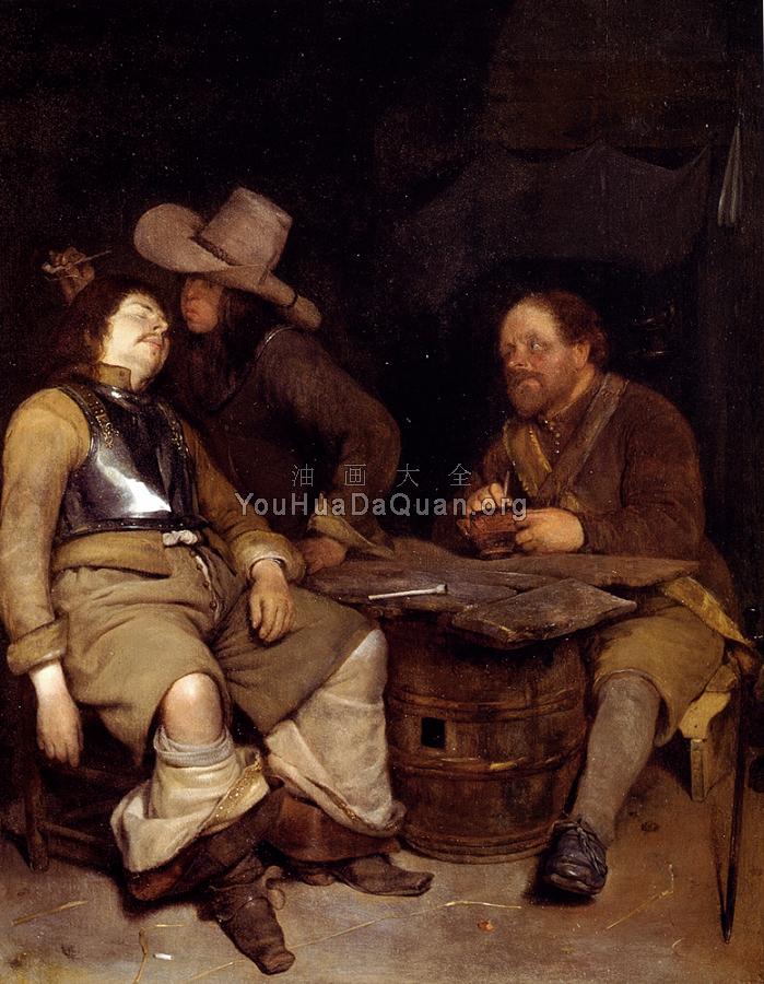 A Guard Room Interior With A Soldier Blowing Smoke In The Face Of His Sleeping - 杰拉德·特·博尔奇